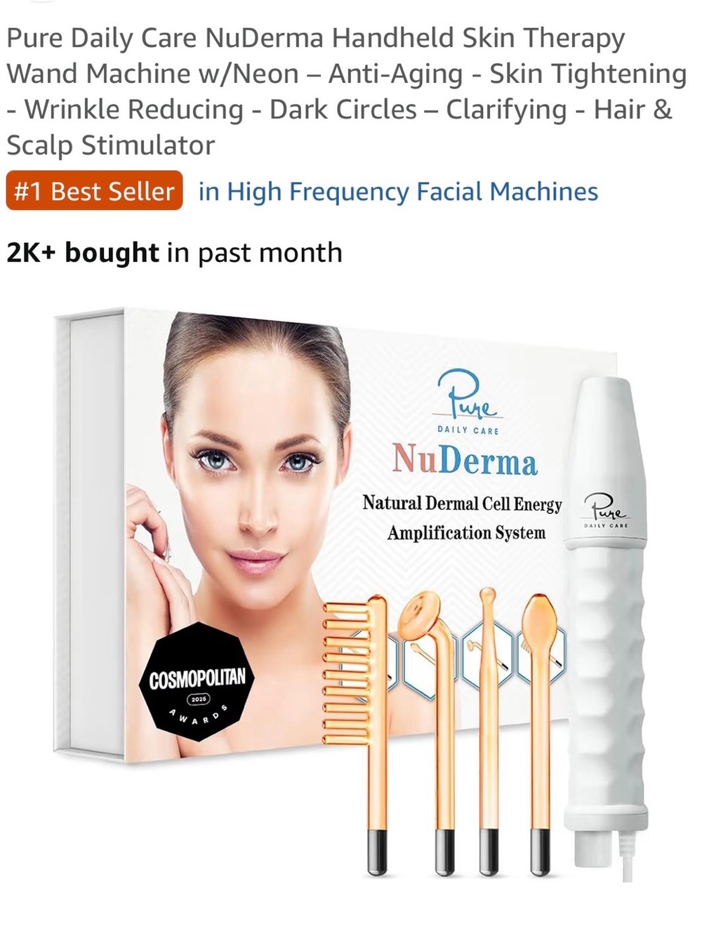 Pure Daily Care NuDerma Handheld Skin Therapy Wand – White with Gold Attachments